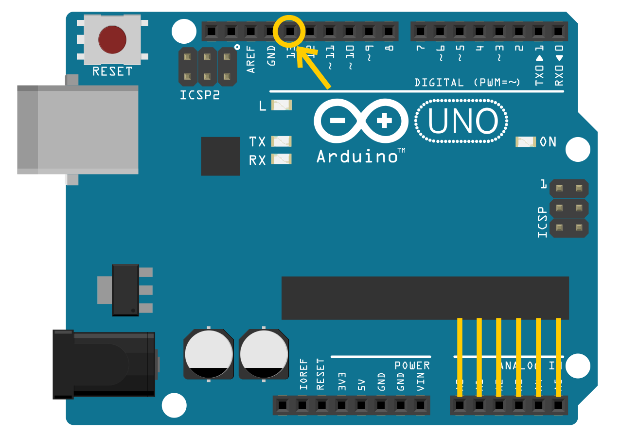 detailed illustration of an Uno edition of the Arduino with copper traces simulated from analog pins to atMega chip and digital pin 13 circled