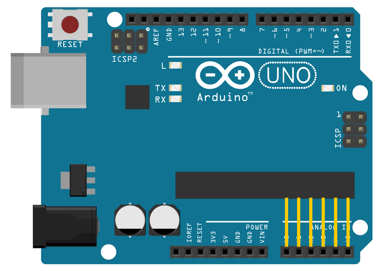 detailed illustration of an Uno edition of the Arduino with copper traces simulated from analog pins to atMega chip