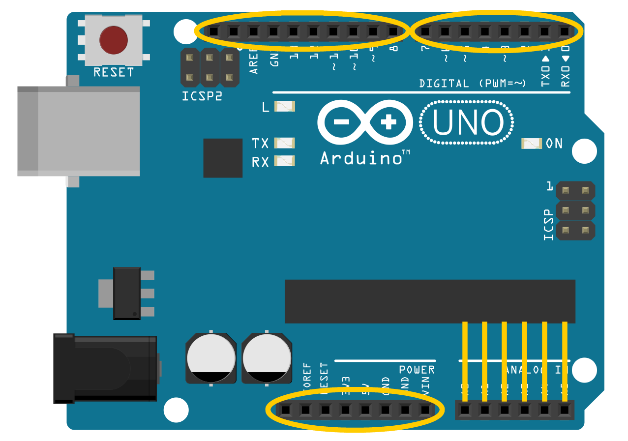 detailed illustration of an Uno edition of the Arduino with copper traces simulated from analog pins to atMega chip and other pins circled
