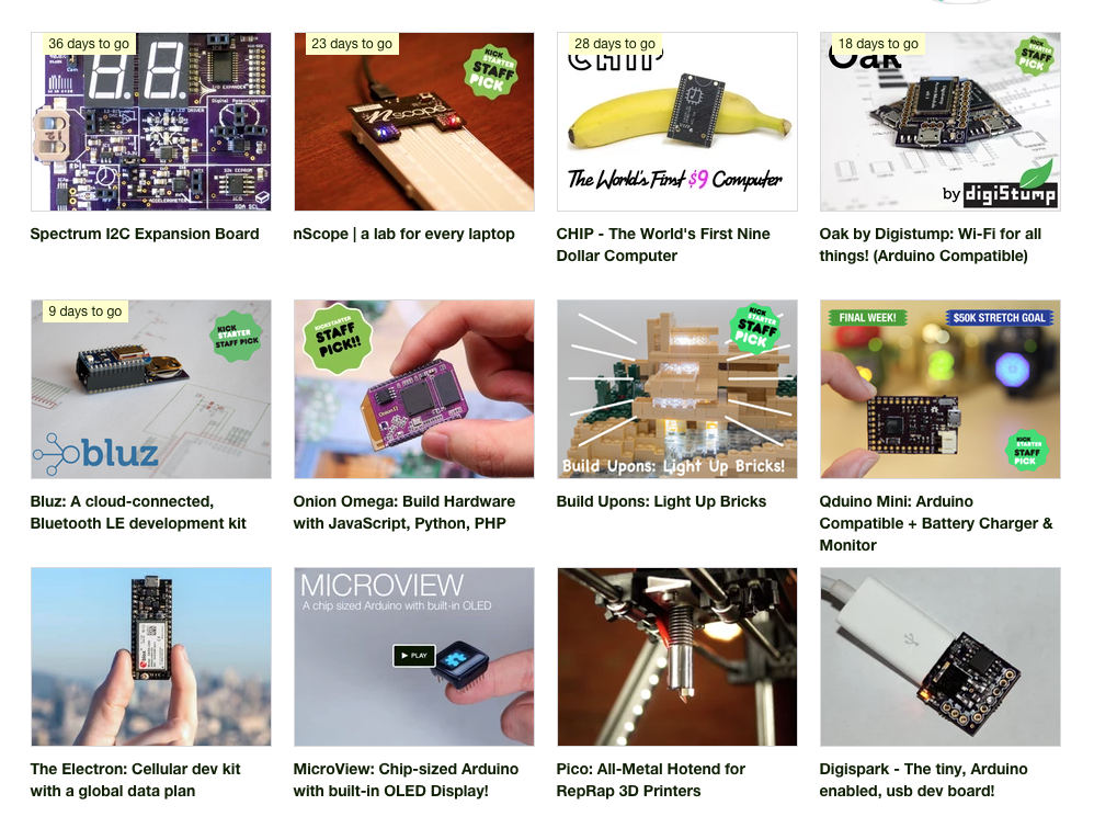 grid of 12 technology related projects on kickstarter that the presenter has backed