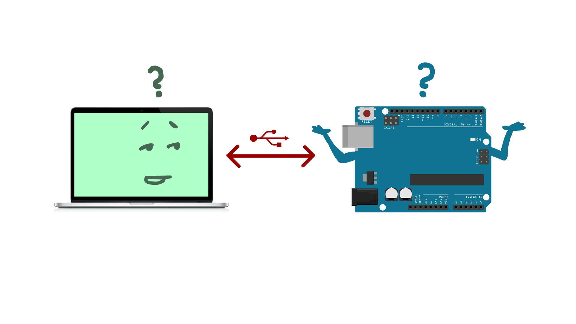 illustration of an Arduino and laptop confused about how to speak to one another. The laptop has an awkward facial expression, and the Arduino is throwing its arms up in a confused manner