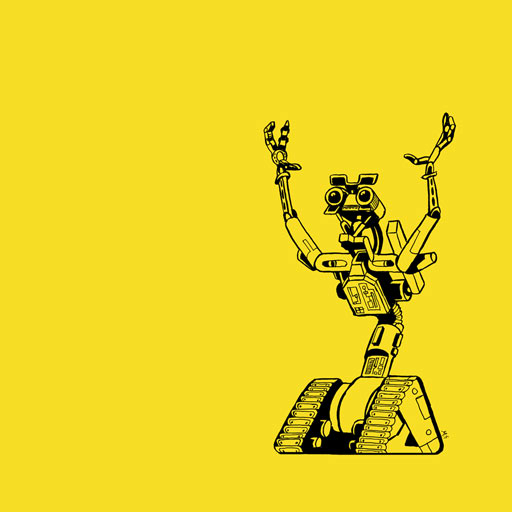 logo of the johnny-five javascript framework (black illustration of johnny-five the robot, on a yellow square shaped background)