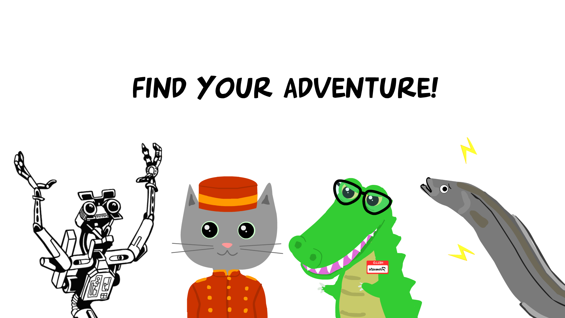 illustration of johnny-five the robot, a bellboy cat, nerdy crocodile with glasses, and an eletric eel looking a llittle concerned.