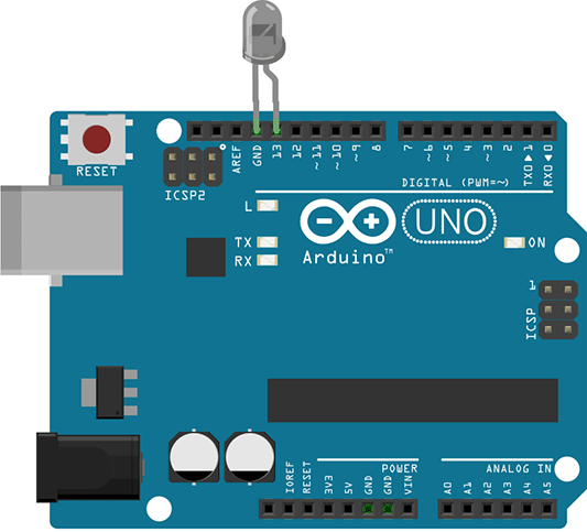 illustration of an Arduino Uno with LED connected to pin 13, and blinking green