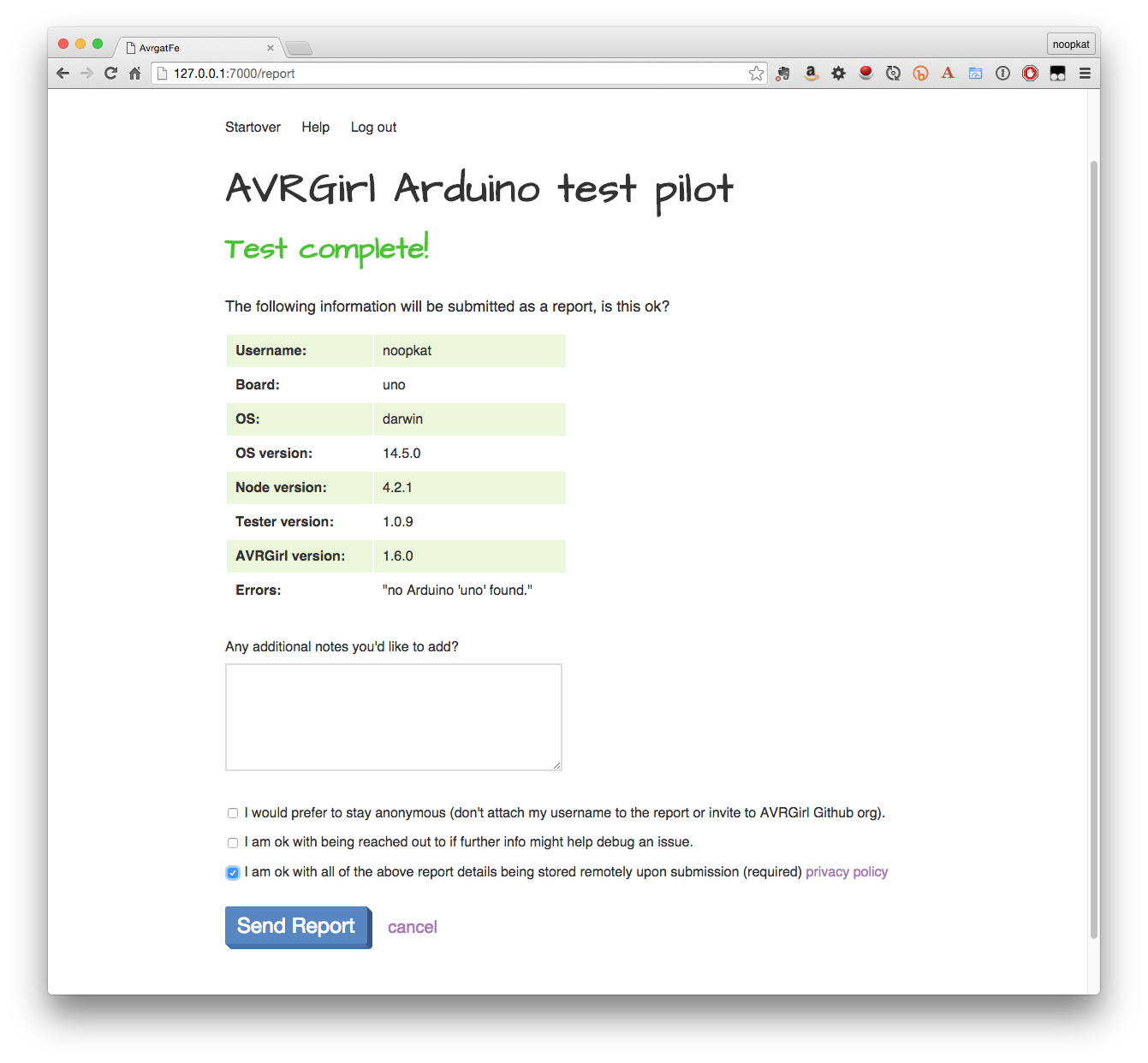 screenshot of test pilot app in a browser