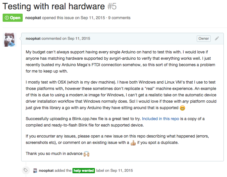 a github issue asking for hardware testers